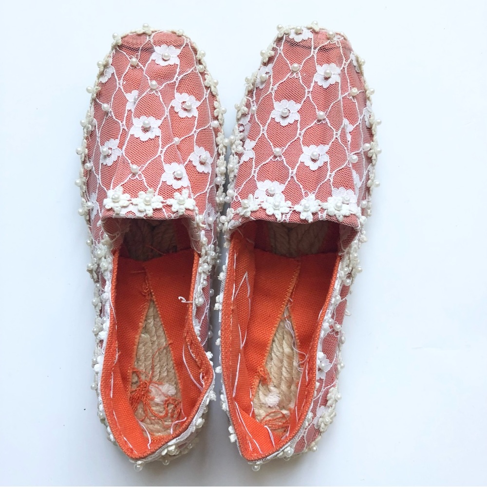 CEBO orange /white lace beads round-toe espadrilles flat for women size 6